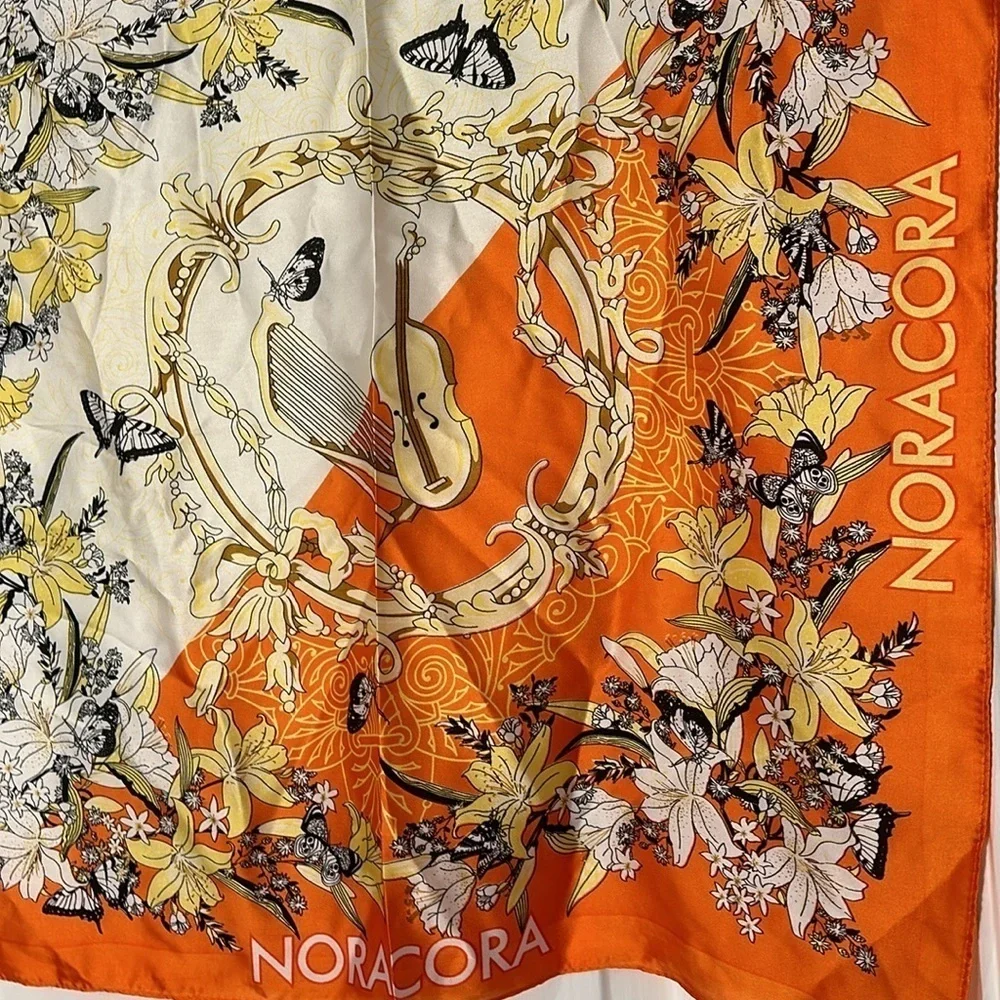 Vintage NORACORA Violin, Butterflies Print Orange Silk Square Scarf, 21